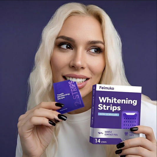 Woman holding the Faroven whitening strips box and a sealed sachet